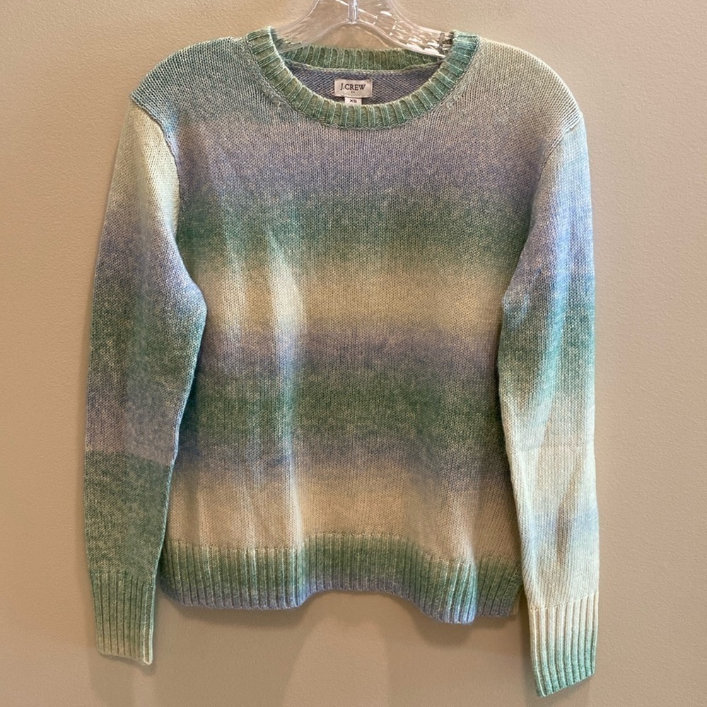 J Crew (2023) Cotton Crew Neck L/S Ombré Stripe Cream Green Blue CreamSweater XS